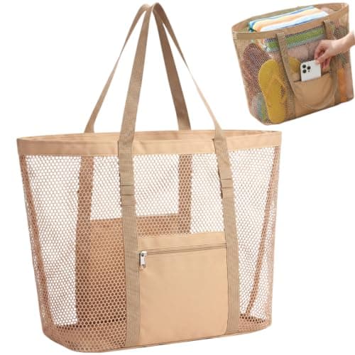 Wrbugukeji Mesh Beach Bag, Stylish Beach Tote for Swimming(Brown)