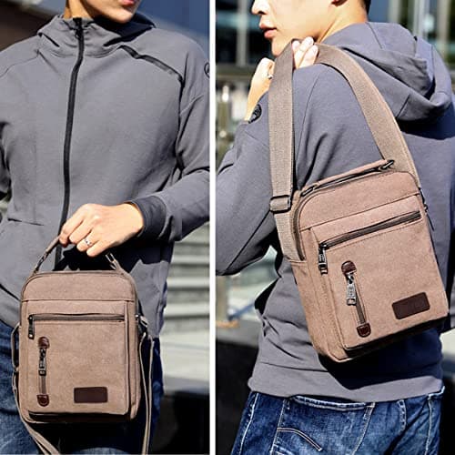 A-QMZL Mens Shoulder Bag Canvas Messenger Bags Travel Crossbody Bag Large Capacity Casual Handbag with Multiple Pockets for Working Shopping Hiking Daily Use (Brown) — view 4