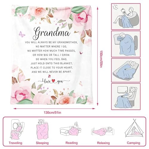 twirush Gifts for Grandma, 60 × 50 in Grandma Gifts from Grandchildren, Unique Design Blanket for Granny on Birthday, Pink Watercolor Floral Flannel Throw Blankets — view 2