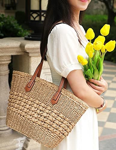 Pocadri Women's Straw Hobo Bag Woven Shoulder Bag Large Totes Summer Travel Beach Handbag Handmade Purse, Coffee — view 2