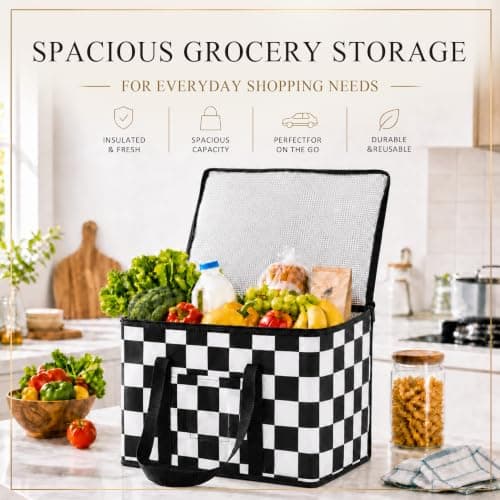 Ohocut Checkered Cooler Bag, Large 40L Foldable Insulated Grocery Shopping Bag, Checkerboard Cool Insulated Food Delivery Bag for Picnic, Camping, Travel (Black White) — view 2