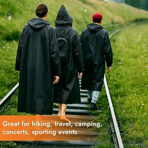 JXJIUA Rain Poncho Raincoats for Adults Men/Women, 2 Pack Reusable Rain Jacket Rainwear with Hoods and Sleeves, Waterproof for Emergency, Outdoors, Camping (Black) — view 6