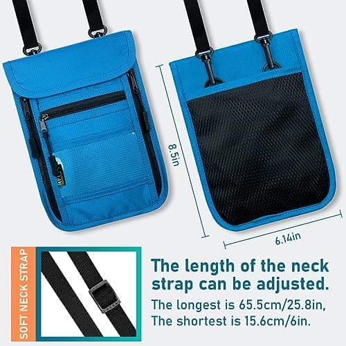 sundee Travel Neck Wallet with Double Zippers, RFID Blocking Passport Holder with Adjustable Neck Strap for Men and Women to Keep Cash, Credit Cards and Travel Documents Safe, Lake Blue, Small, — view 5