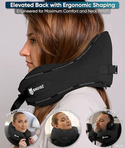 SNUGL Travel Pillow - Neck Pillow Memory Foam, Travel Neck Pillows for Adults, Ideal for Camping, Airplane & Gaming - Travelling Essentials - Gifts for Travellers (Black - Adult Regular) — view 4