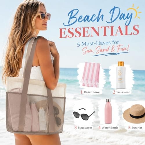 NANYUAYA Mesh Beach Bag Pool Tote Bags for Women Summer Holiday Essentials Family Lightweight Travel Bag Reusable Foldable Shopping Bag Large Shoulder Bag for Picnic Gym School Swimming Vacation — view 5