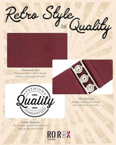 Ro Rox Retro Vintage Belt | Elastic Women's Accessories | Stretchy 50s Nurse With Silver Buckle & Clasp | Waist Belt For Dress | Wide Belt Design | Elasticated Belt For Women & Ladies, Burgundy, L — view 4