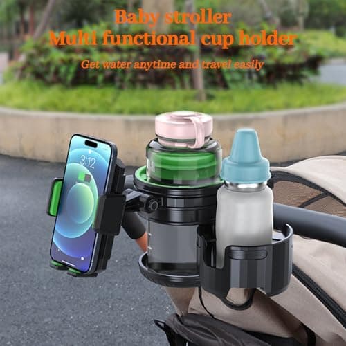 4-in-1 Universal Cup Holder for Stroller, Bicycle, Wheelchair & Shopping Cart | 360° Rotatable, Anti-Slip Silicone Grip Spill-Proof Design | Adjustable Single/Double Cup and Phone Holder【Green】 — view 2
