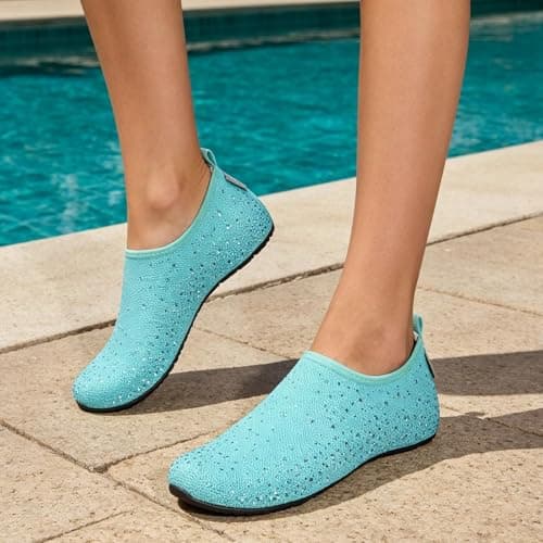 Water Shoes Women Men Beach Swim Shoes Quick Dry Barefoot Shoes Lightweight Aqua Sea Wet Shoes Sport Shoes with Rhinestones for Rocky Stone Beach Swimming Pool Seaside Sports (Sky Blue, 4.5) — view 2