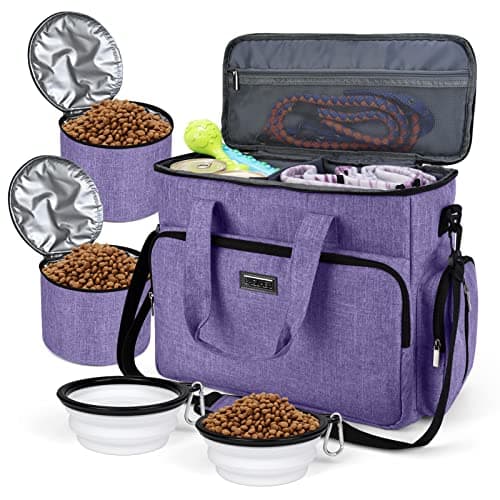 BAGLHER Dog Travel Bag, Airline Approved Pet Tote Organizer with Multi-Function Pockets, 2 X Food Storage Containers and 2 X Collapsible Dog Bowls, Perfect Weekend Pet Travel Set for Dog, Cat