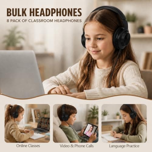 EFLUB 8Pack Wired Headphones, Over-Ear Headphones, Classroom Headphones Bulk, 3.5mm Plug, Tangle-Free Cord for Tablet, Laptop, PC, School, Travel (Black) — view 4