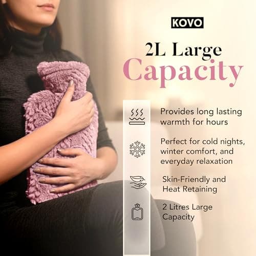 Hot Water Bottle with Hand Inserts & Luxury Cosy Faux Fur Cover, 2L Leakproof Large Hot Water Bag for Neck & Shoulder Pain Relief, Hand & Feet Warmer, Gift for Women,Men (Pink – Blush) — view 4