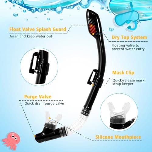 HIKOTEY Children's Snorkel Set,Panoramic Wide View Diving Mask,Snorkeling Gear Anti-Leak and Anti-Fog Tempered Glass Lens,Dry Snorkel Tube,Includes Earplugs and Nose Clip for Age 4-16 Years(Black) — view 4