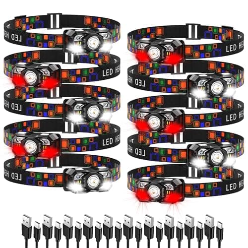 KunHe 10 Pack Rechargeable LED Head Torch with Motion Sensor, 10 Light Modes, Hands-Free Headlamp for Camping, Hiking, Running, Cycling, Fishing & Emergency Use