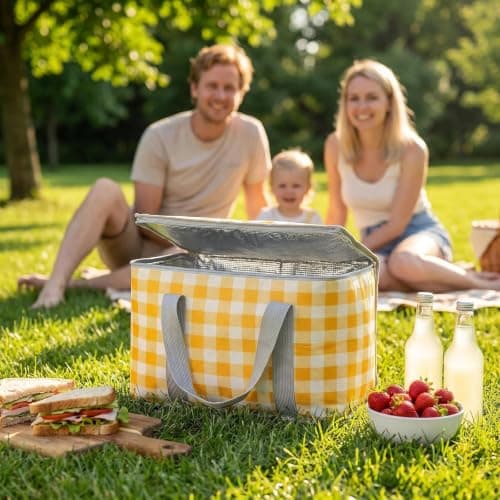 NIFTYY Insulated Picnic Basket, 35 x 20 x 20 cm Cooler Bag Hot or Cold Food, Portable Waterproof Beach Bag with Handle, Foldable Yellow Lunch Tote for Campi (yellow) — view 5