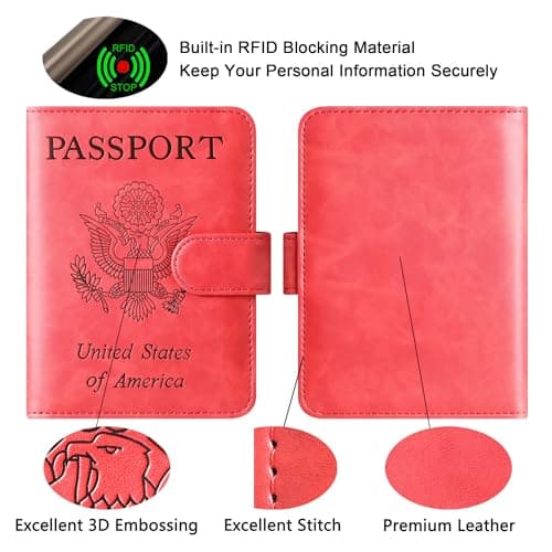 Passport Holder Wallet Travel Essentials Leather RFID Blocking Holiday Luggage Must-Have Travel Accessories for Men Women 120#Red Upgraded Design — view 4