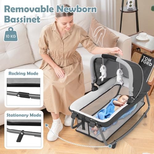 COSTWAY 4 in 1 Foldable Travel Cot, Portable Baby Bed Playard with Bassinet, Changing Table, Cradle, Wheels and Carry Bag, Nursery Center for Boys and Girls (Mint Green) — view 5