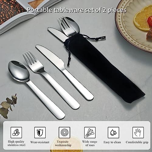 Evanda Portable Cutlery Set 2 Pack, Include Knife Fork Spoon, Stainless Steel Camping Flatware with Black Bag, for Outdoor, Picnic, Camping, Travel, Dishwasher Safe — view 3