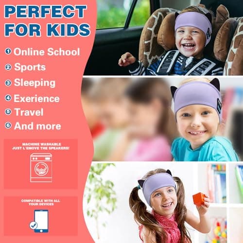Joythink Kids Bluetooth Headband Headphones Sleep Mask Wireless Earphones Built in Thin Speaker Kids Adjustable Sports Headset for Girls Boys Children Baby Toddler Airplane Travel Study Purple — view 6