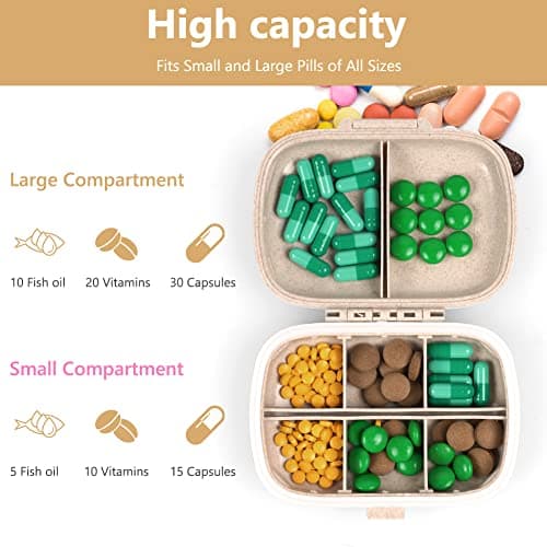 ACWOO Pill Box Organiser, 1Pcs Portable Medicine Storage Box with 8 Compartments, Pill Case Pill Dispenser to Hold Vitamins, Cod Liver Oil, Supplements and Medication for Travel & Work (Beige) — view 3