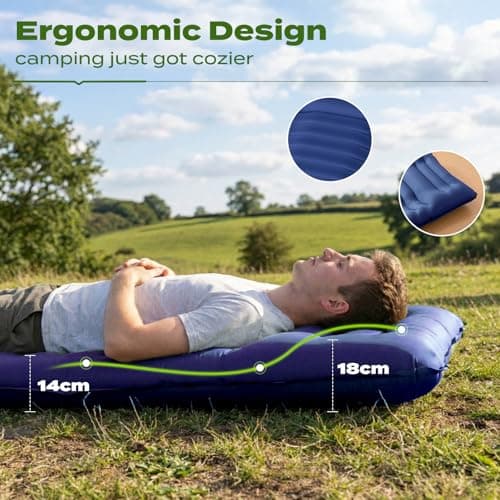 Inflatable Camping Sleeping Pad with Built-in Foot Pump 14cm Thick Waterproof & Tear-Resistant 50D Nylon Mattress Portable, Compact Air Mat for Backpacking, Hiking, Tents, Navy Blue, 190 X 68 X 14 CM — view 2