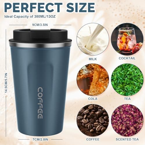 MOMSIV Blue Coffee Cup, Vacuum Reusable Leakproof Double Wall Coffee Cup, Insulation Stainless Steel Eco-Friendly Travel Office Mug for Hot Coffee Tea and Cold Drinks, 13oz/380ml — view 2