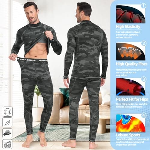 UNIQUEBELLA Mens Thermal Underwear Set Long Sleeve Turtleneck Tops Long Johns Thermal Base Layer Bottom Fleece Lined Quick Drying — view 5