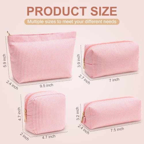 Sanwuta 4 Pcs Seersucker Pouch Striped Makeup Bag Set, Coral Pink — view 2