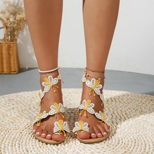 Summer Beach Flat Sandals for Women 2026 Butterfly Open Toe Ankle Wrap Strap Slip On Colorful Embroidery Bohemian Sandals Lightweight Non Slip Breathable Poolside Music Festival Casual Walking Shoes — view 4
