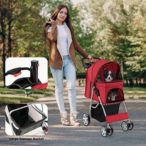 Maxmass Travel Pet Stroller, Foldable Small Medium Sized Dog Cat Trolley with Storage Basket, Safety Belt and Cup Holder, 4 Wheels Puppy Pushchair (Red) — view 3