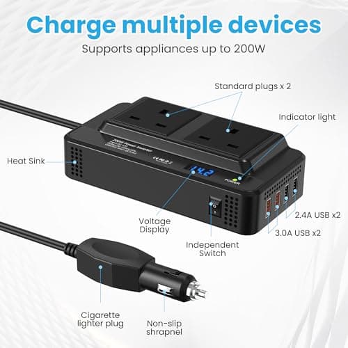200W Car Voltage Converter Inverter with 2 Sockets and 4 USB Ports Fast Charging Car Charger DC 12V to AC 230V with Cigarette Lighter Plug for Business Trips and Vacation — view 3