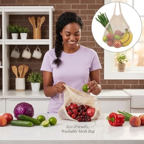 2 Pcs Mesh Bags,String Bag,Reusable Mesh Produce Bags,Organic Grocery Cotton Shopping Bag,Fruit Net Bag,Washable Drawstring Net and Beach Mesh-Bags for Storing Garden Bulbs,Fruits Vegetables — view 4
