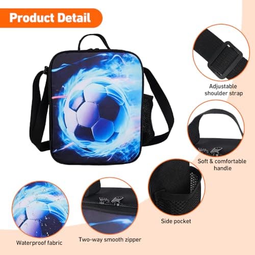 KBIBCK Football Lunch Box Bag, 3D Football Insulated Lunch Bag Kids, Portable Footballs Lunch Box with Water Bottle Holder, Insulated Lunch Bag for Kids Boy Girl for School Picnic Travel & Camping (B) — view 3