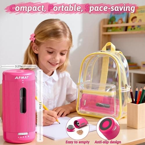 AFMAT Fully Automatic Electric Pencil Sharpener, Auto in & Out, Rechargeable Hands-Free Pencil Sharpener for Jumbo & Colored Pencils (6.5-12mm), Portable for Home/Classroom/Office, Rose, PSC3 — view 6