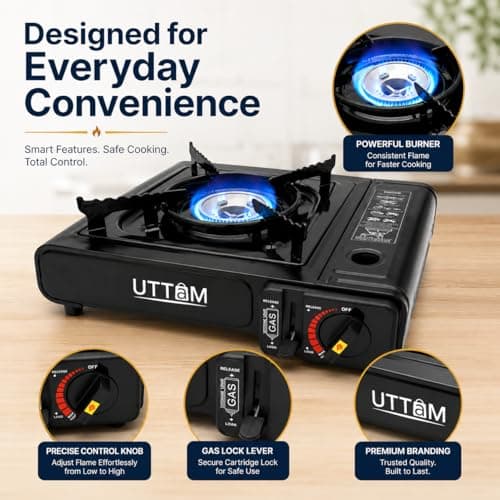 UTTAM Black Portable Camping Stove with Cary Case | EN417 Compliant Camping Portable Stove | Camping Stove with Automatic Ignition & Heat Control (Stove) — view 5