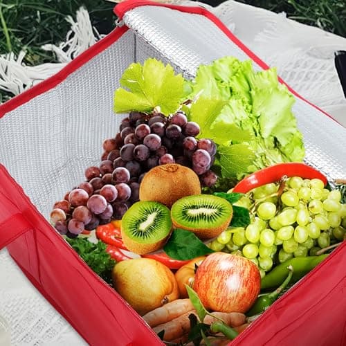 HOMSFOU 4pcs Large Insulated Grocery Bags Set Jumbo Thermal Tote Cooler Bags with Zippered Top Foldable Non-woven Fabric Lunch for Food and Travel 41x23x33cm Red — view 3