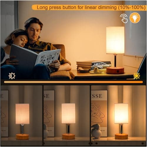 6000mAh Bedside Lamps, 10.8" Touch Control Rechargeable Table Lamp with Wood Grained Base & Fabric Lampshade, Dimmable Minimalist Wireless Battery Lamp for Living Room Bedroom Office Decor (1) — view 2