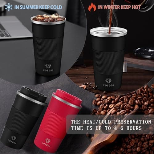 CS COSDDI Travel Mugs, Insulated Coffee Cup with Leakproof Lid - Reusable Coffee Cups Travel - Car Coffee Cup - Stainless Steel Coffee Mug for Hot and Cold Water and Tea (Black-A, 510 ml) — view 2