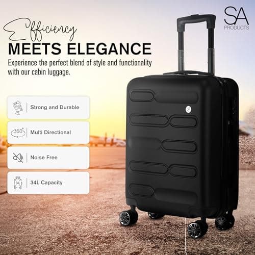 SA Products Cabin Suitcase | 34L Carry On Suitcase, Cabin Bag 55x40x20 with Combination Lock | Hard Shell Suitcase with 4 Wheels Cabin Luggage, Cabin Bags 55 x 40 x 20 Approved (Black) — view 2
