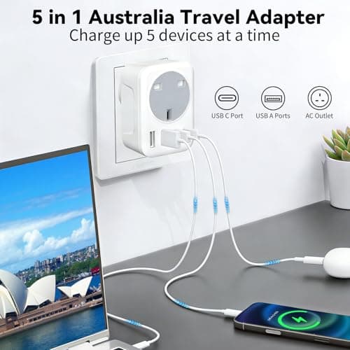 5 IN 1 UK to Australia Plug Adapter, 2500W New Zealand Travel Adapter with 2 USB C & 2 USB A,Type I Plug Adapter for Australia China Fiji Argentina — view 4