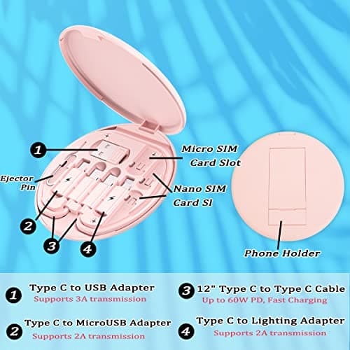 Yimly Multi USB Charging Adapter Cable Kit, C to Lighting Box, Conversion Set A & Type Male Micro /Type C/Lightning, Data Transfer, Card Storage, Tray Eject Pin, Phone Holder (pink) — view 2