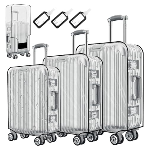 MAOMUN 3 PCS Clear Suitcase Cover with 3 Luggage Tags, Waterproof PVC Suitcase Covers Protectors Luggage Covers for Suitcases 20/24/28inch, Dustproof Luggage Cover for Travel Business Daily Using