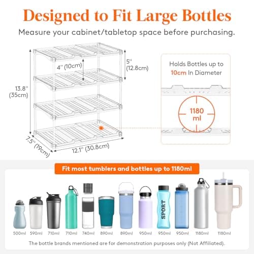 Lifewit Stackable Water Bottle Storage Organiser, Wine Bottle Holder for Cupboard, Plastic Large Compartment Tumbler organiser, Clear Wine Rack, Mug Cup Holder for Kitchen Storage, 4Tier Hold 12 — view 2
