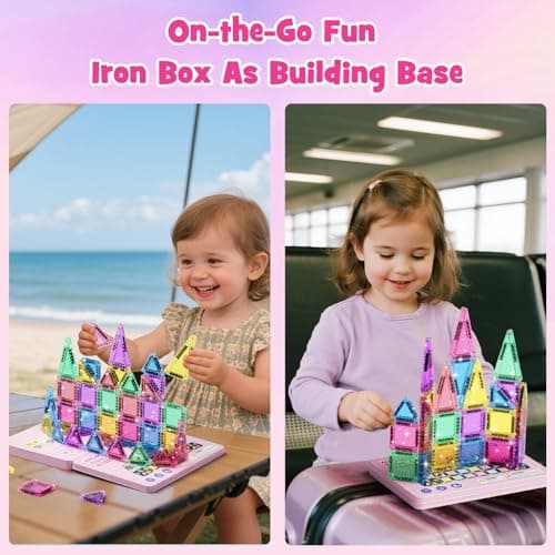 Travel Magnetic Tiles Glitter Construction Set 42pcs Travel Toys for Kids MINI Magnet Tiles with Iron Box Base, Magnetic Building Blocks Stem Toy Gift for 3+ Years Girl — view 2