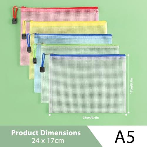 MIETONG A5 Plastic Zip Wallets Folders - 5PCS Document Folder File Zipper Bags Document Wallet Ziplock Bags Travel Storage Pouch Mesh Zip Folders for School Office Supplies and Travel Accessories — view 2