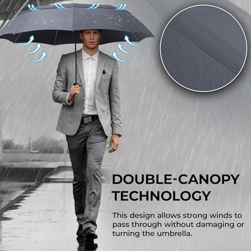 Umbrella Windproof Compact - Strong Storm Proof Frame + Auto Open Close | Women Mens Lightweight Small Travel Folding Golf Brolly + Double Canopy, Ergonomic Handle | Water Resistant Teflon Grey — view 2