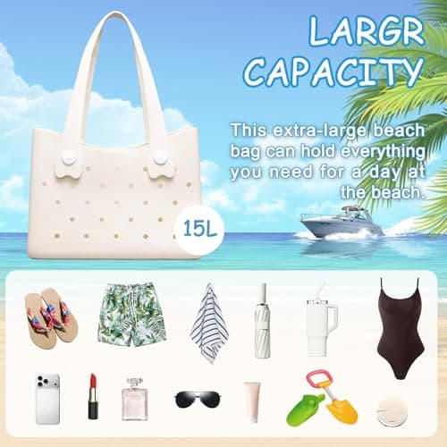 Larcenciel Rubber Beach Tote Bag, Waterproof Washable Durable Beach Bag with Holes, Stylish Large Open Travel Tote Bag, Lightweight Sandproof EVA Handbag for Outdoor, Holiday, Sports,Pool, 35x25x10CM — view 5