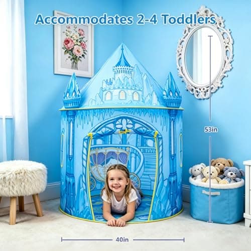 ROIWUIE Princess Play Tent for Girls, Pop Up Ice Castle Tent for Kids, Foldable Blue Play Tent for Indoor Outdoor Use for Toddlers Birthday Gift — view 2