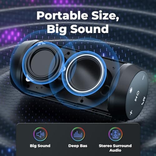 VOSFEEL Bluetooth Speaker Wireless - Portable Speakers Wireless Bluetooth With LED Light Louder Volume Bass Music Stereo, TF Card, USB, Aux, Mic for Home Outdoor Party Travel — view 3