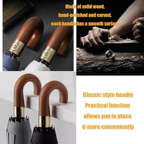 Luxurious Travel Folding Umbrella with Crook Real Wooden J Handle for Men/Portable /Automatic Open/Close Coating Layer Fabric Blocking/Rain Sun/Anti UPF 50 UV Protection 99.9%/Golf/Car Backpack — view 4