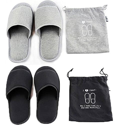 2 Pair Portable Travel Slippers - Open Toe Sandals - Spa Hotel Slippers for Guest Room, Indoor House, Business & Flight - Black Grey Size 4-10 UK